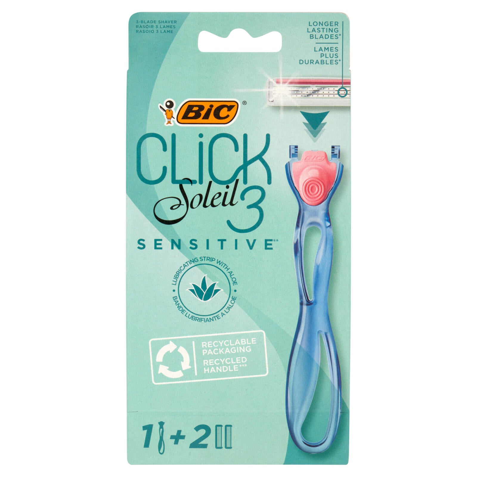 Bic Click Soleil 3 Sensitive** Rasoio 3 Lame Manico + Ricariche 2 pz