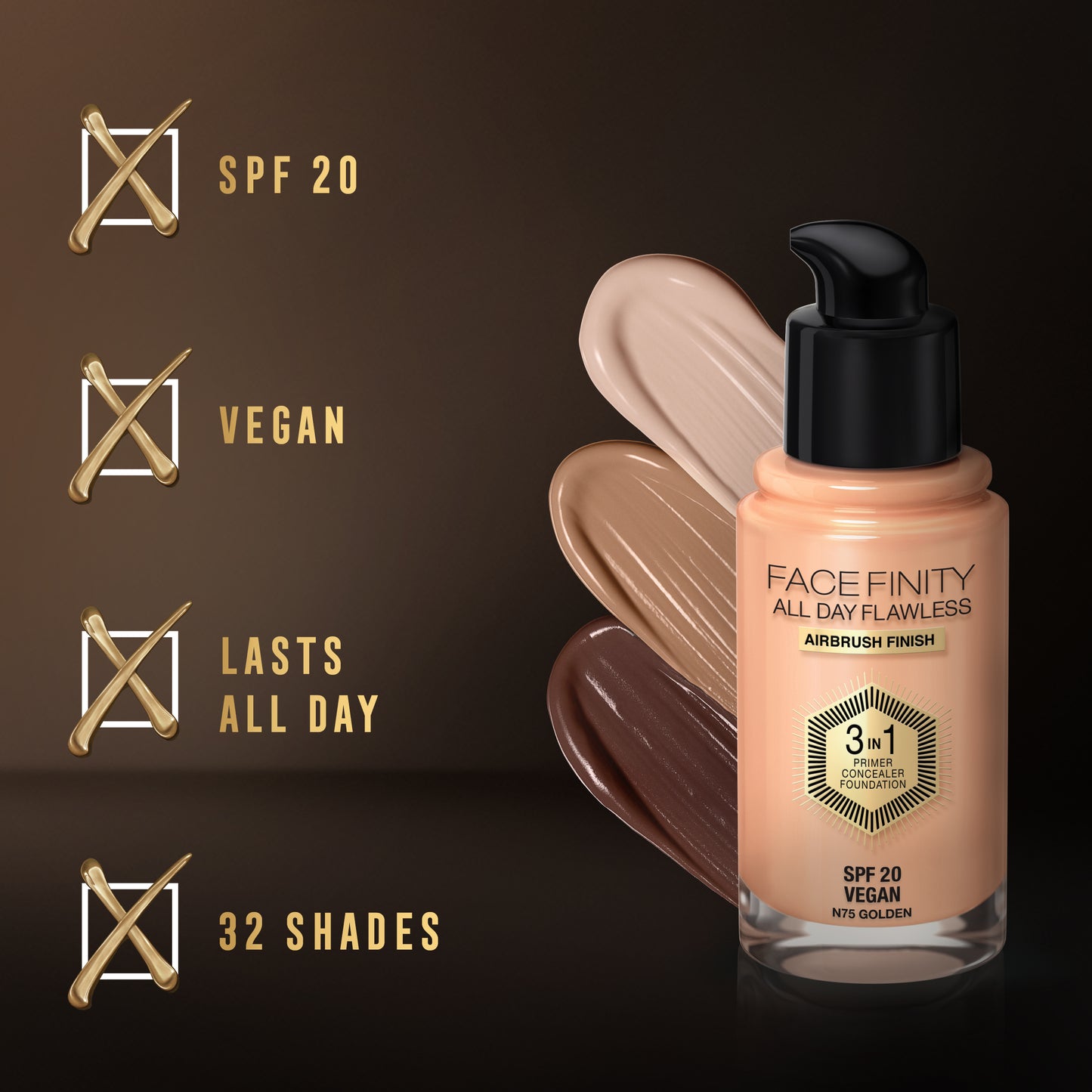 Max Factor - Facefinity All Day Flawless 3in1 - Fondotinta Liquido a Lunga Durata - 075 Golden -30 ml