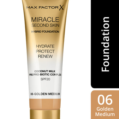 Max Factor Miracle Second Skin Fondotinta dal Finish Naturale, con Latte di Cocco Idratante e SPF 20, 06 Golden Medium