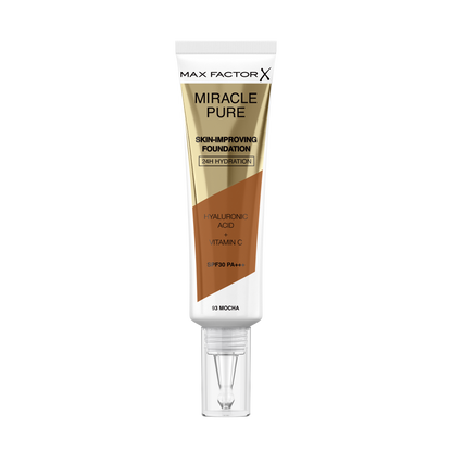 Max Factor Miracle Pure Fondotinta Liquido Idratante, con il 91% di Ingredienti di Origine Naturale, Vitamina C, Acido Ialuronico e SPF 30, 93 Mocha