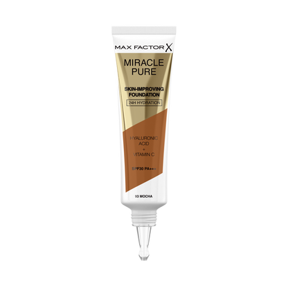 Max Factor Miracle Pure Fondotinta Liquido Idratante, con il 91% di Ingredienti di Origine Naturale, Vitamina C, Acido Ialuronico e SPF 30, 93 Mocha