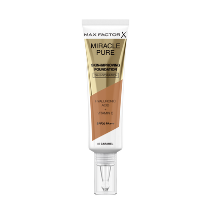 Max Factor Miracle Pure Fondotinta Liquido Idratante, con il 91% di Ingredienti di Origine Naturale, Vitamina C, Acido Ialuronico e SPF 30, 85 Caramel