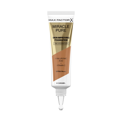 Max Factor Miracle Pure Fondotinta Liquido Idratante, con il 91% di Ingredienti di Origine Naturale, Vitamina C, Acido Ialuronico e SPF 30, 85 Caramel