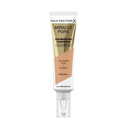 Max Factor Miracle Pure Fondotinta Liquido Idratante, con il 91% di Ingredienti di Origine Naturale, Vitamina C, Acido Ialuronico e SPF 30, 45 Warm Almond