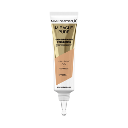 Max Factor Miracle Pure Fondotinta Liquido Idratante, con il 91% di Ingredienti di Origine Naturale, Vitamina C, Acido Ialuronico e SPF 30, 45 Warm Almond