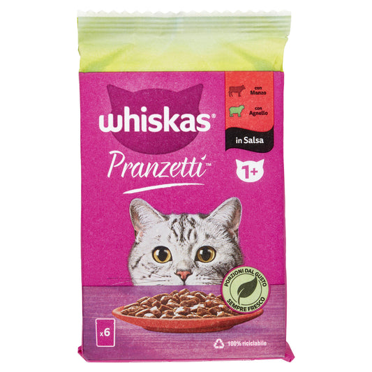 Whiskas Pranzetti Cibo Umido Gatto con Manzo e Agnello in Salsa 6 x 50 g