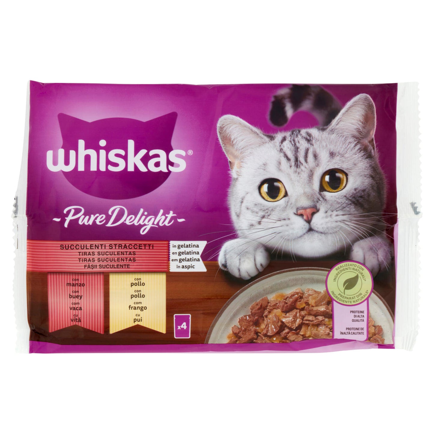 Whiskas Pure Delight Cibo Umido Gatto Succulenti Straccetti in Gelatina con Manzo e Pollo 4 x 85 g