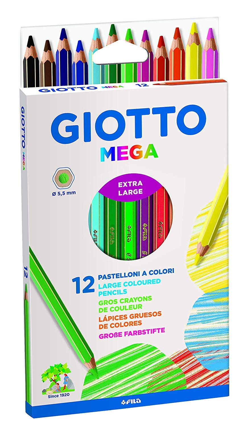 GIOTTO Mega - Astuccio Da 12 Matite A Pastello Colorate, 5.5 mm, Colori Intensi