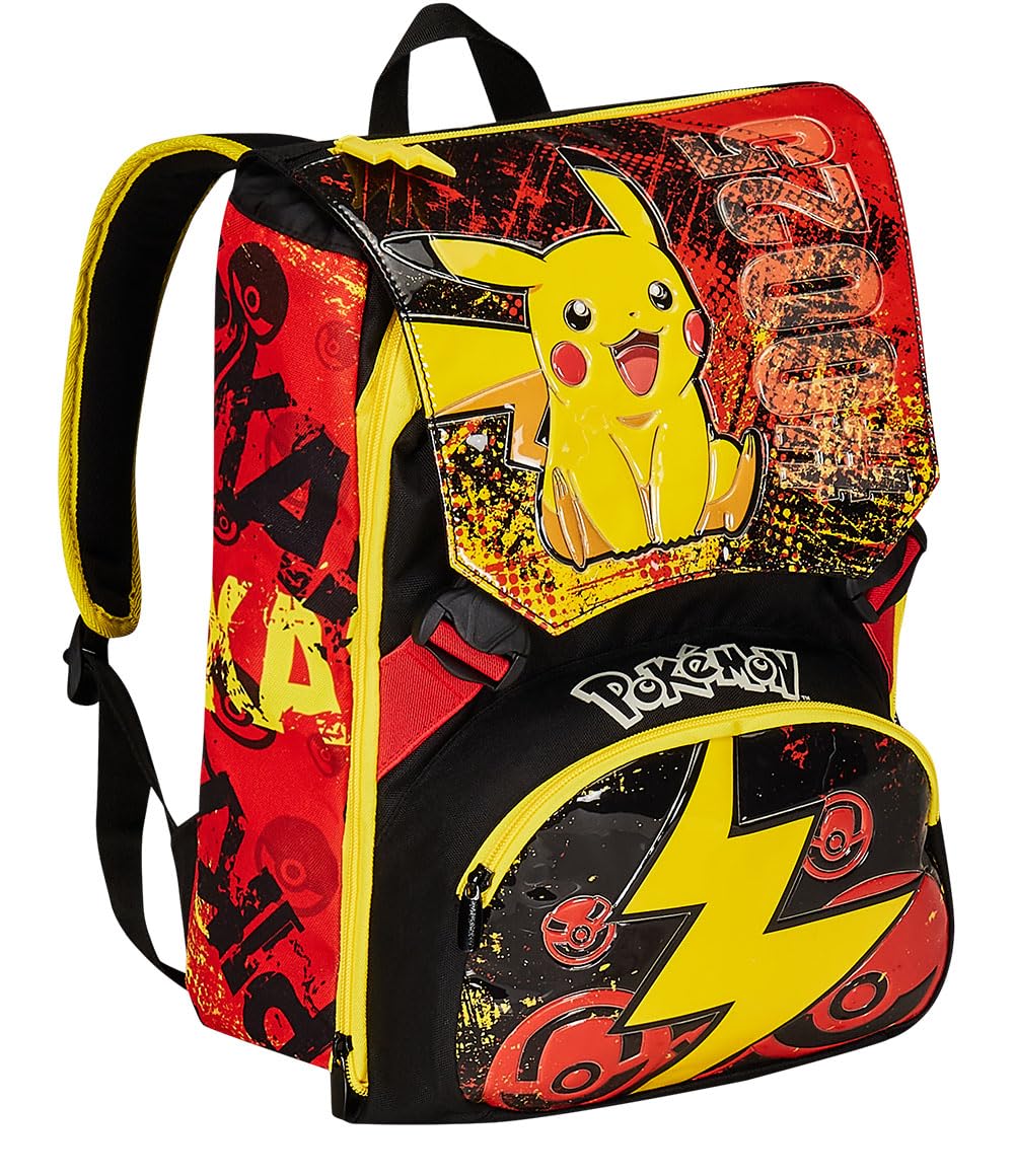 Seven Zaino Scuola Estensibile POKEMON - PIKACHU, Giallo Rosso - Zaino Doppio Scomparto Sdoppiabile Tramite Zip e Con Tasca Porta Borraccia, Zaino Bambino