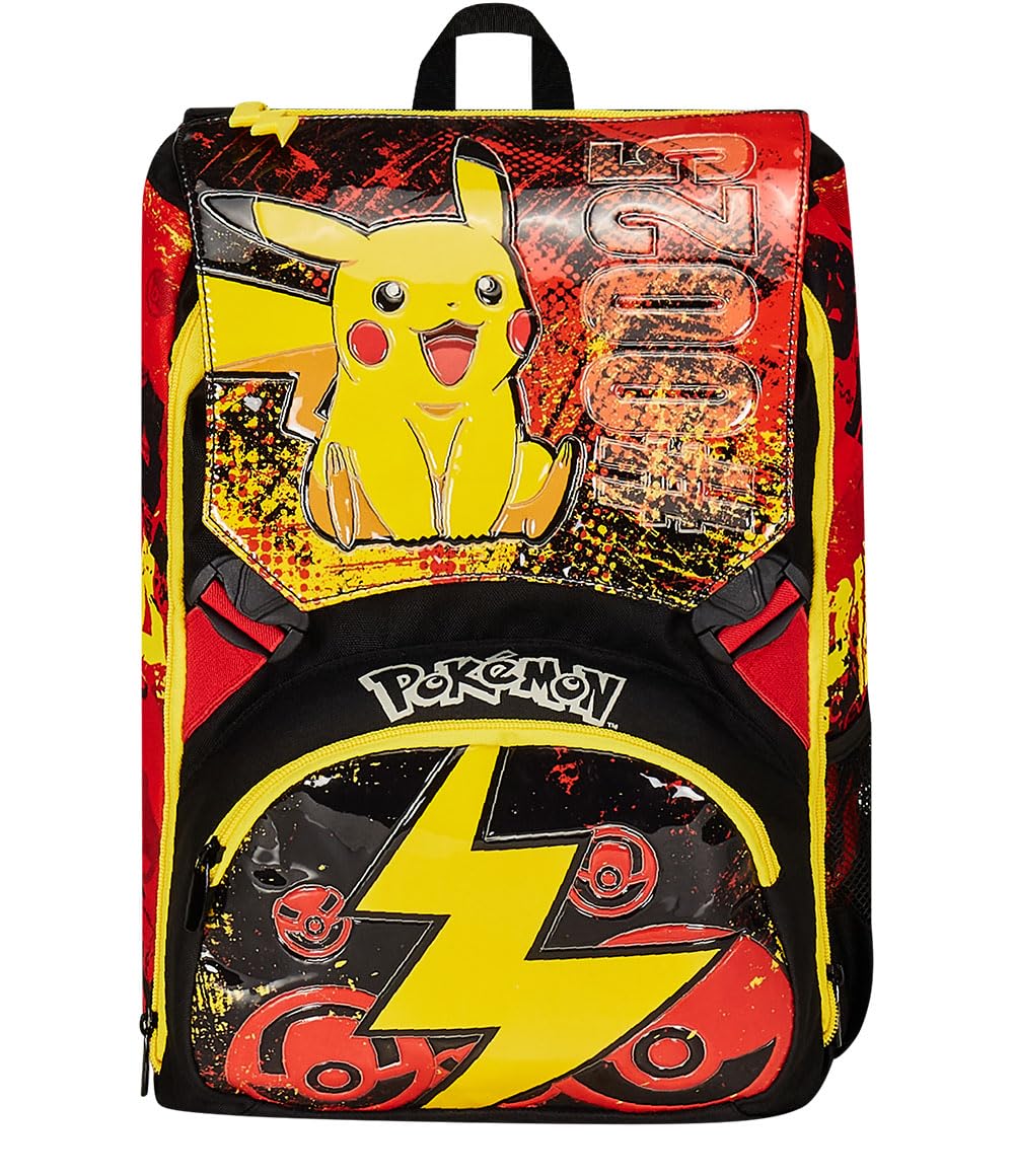 Seven Zaino Scuola Estensibile POKEMON - PIKACHU, Giallo Rosso - Zaino Doppio Scomparto Sdoppiabile Tramite Zip e Con Tasca Porta Borraccia, Zaino Bambino