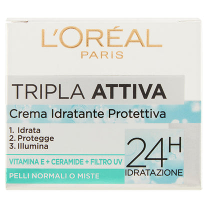 L'Oréal Paris Tripla Attiva Crema Idratante Viso, per Pelli Normali e Miste, 50 ml