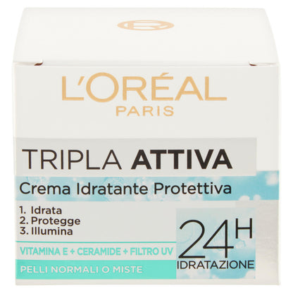 L'Oréal Paris Tripla Attiva Crema Idratante Viso, per Pelli Normali e Miste, 50 ml