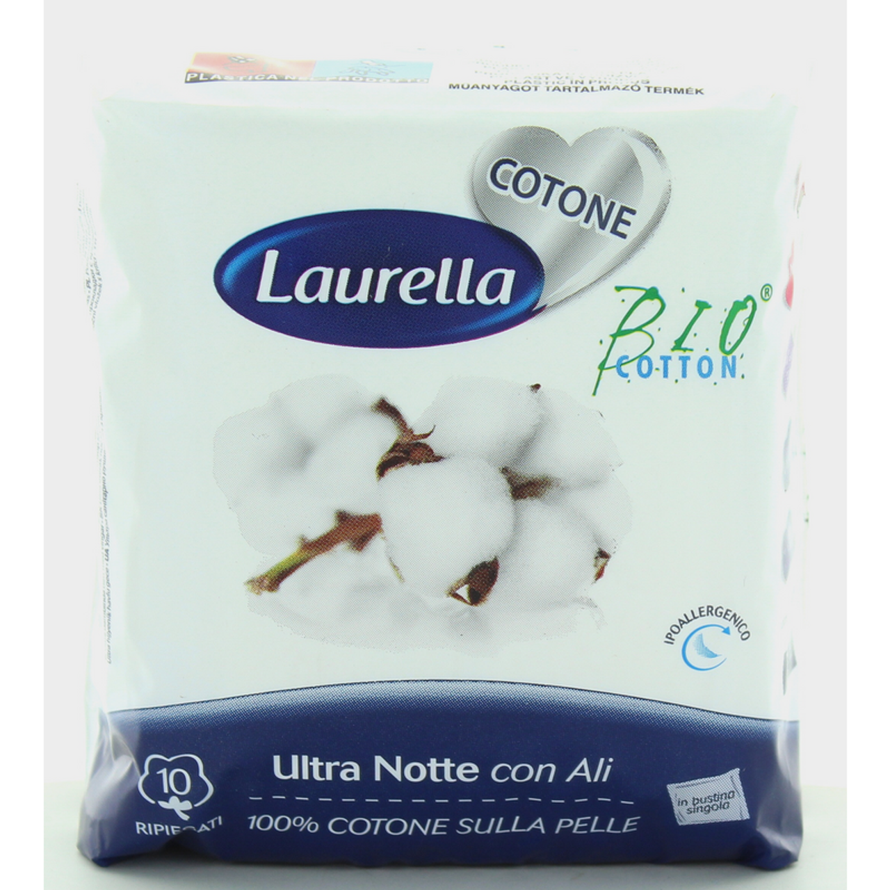 LAURELLA - Assorbenti ultra notte in cotone bio con ali, 10pz