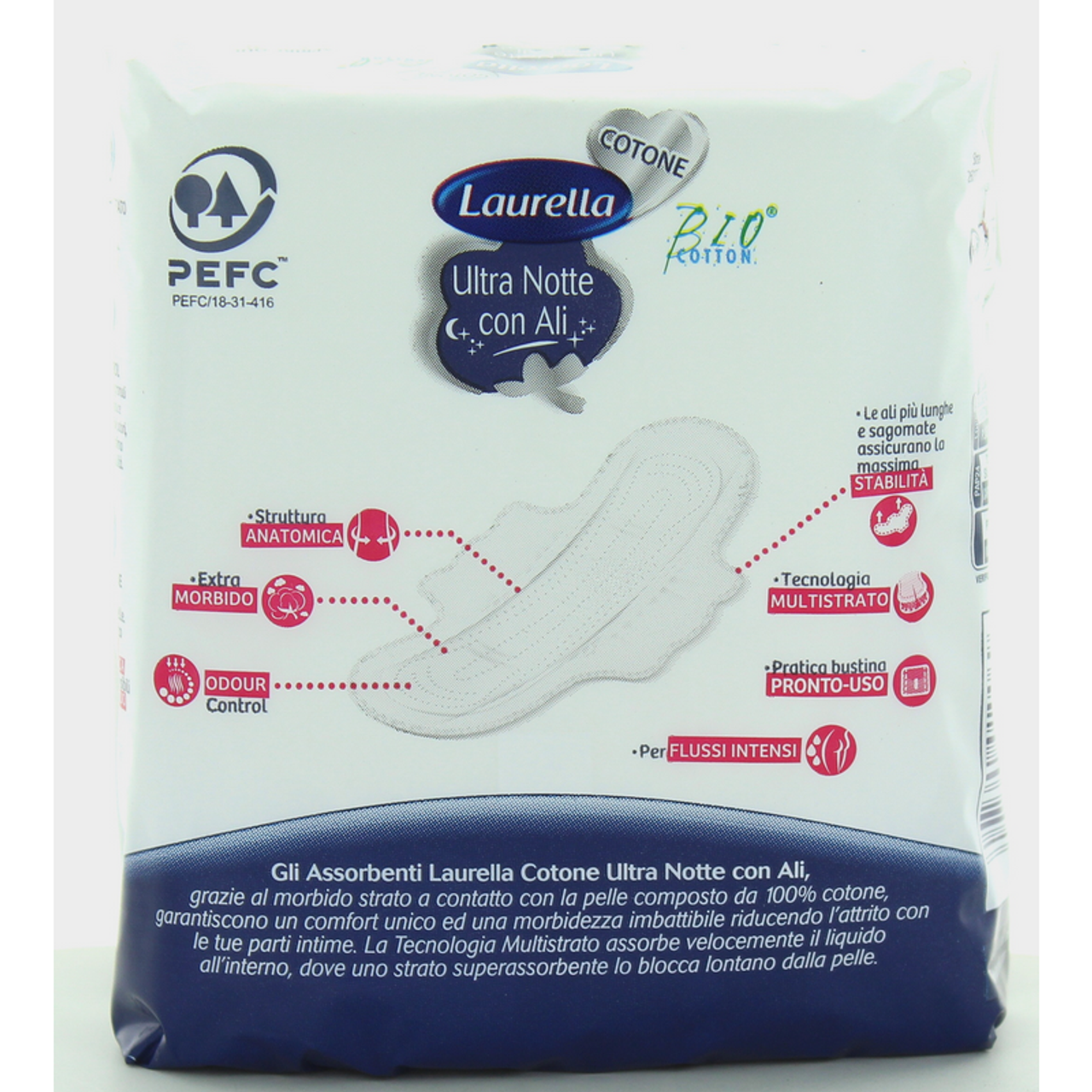 LAURELLA - Assorbenti ultra notte in cotone bio con ali, 10pz