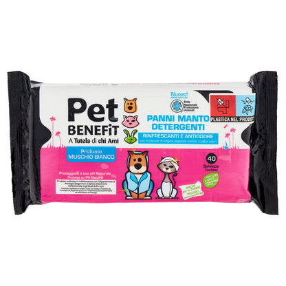 Pet Benefit Panni Manto Detergenti Salviette per Cani e Gatti Profumo Muschio Bianco 40 pz