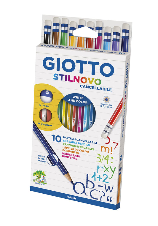 Giotto 256800 - Stilnovo Cancellabile Astuccio 10 Pastelli Colorati con Temperamatite e Gomma