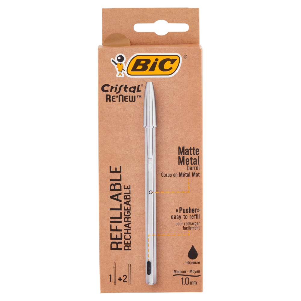 Bic Cristal Re'New Refillable Medium 1.0 mm nero 1 Penna Sfera + 2  Ricariche ->