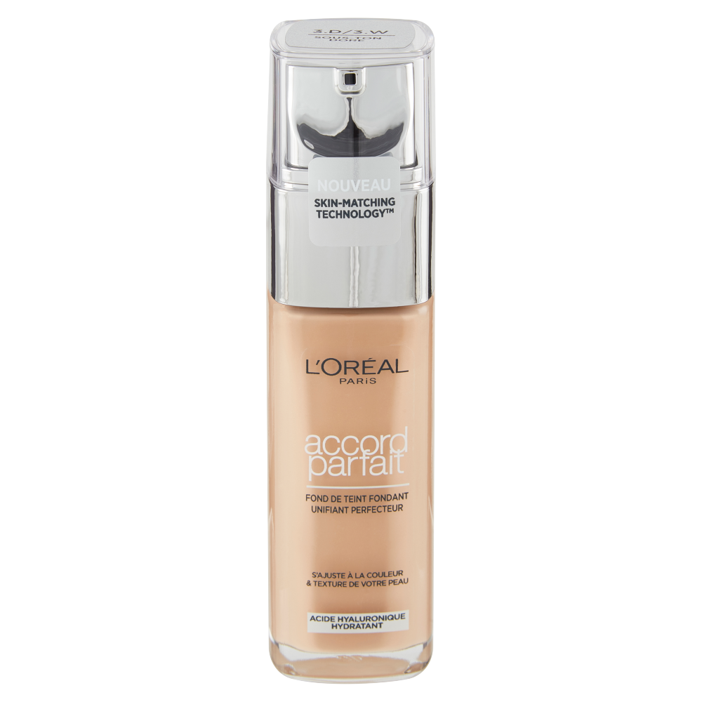 L&#39;Or&#233;al Paris Accord Parfait, Fondotinta Liquido con Acido Ialuronico, 3.D/3.W Beige Dore, 30 ml